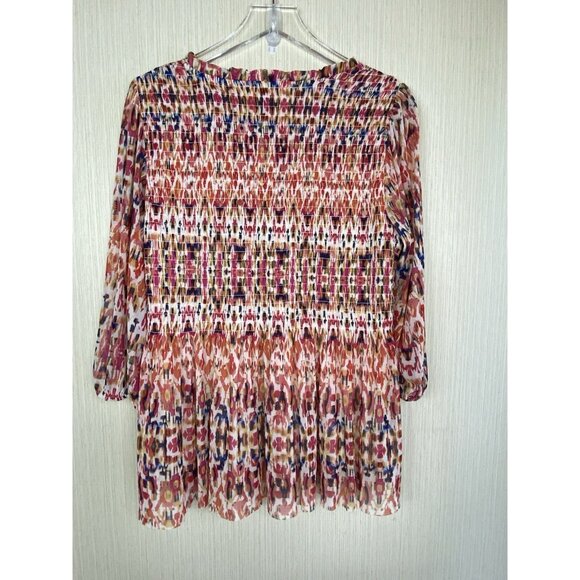 Rose + Olive Size XL Colorful Print Smocked Popover Top Boho Peasant Orange Red - Picture 8 of 12